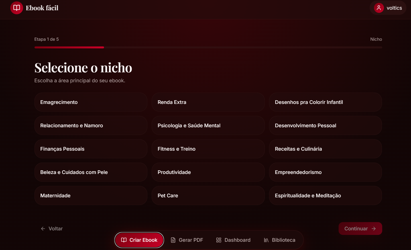 Tela de criação de ebook